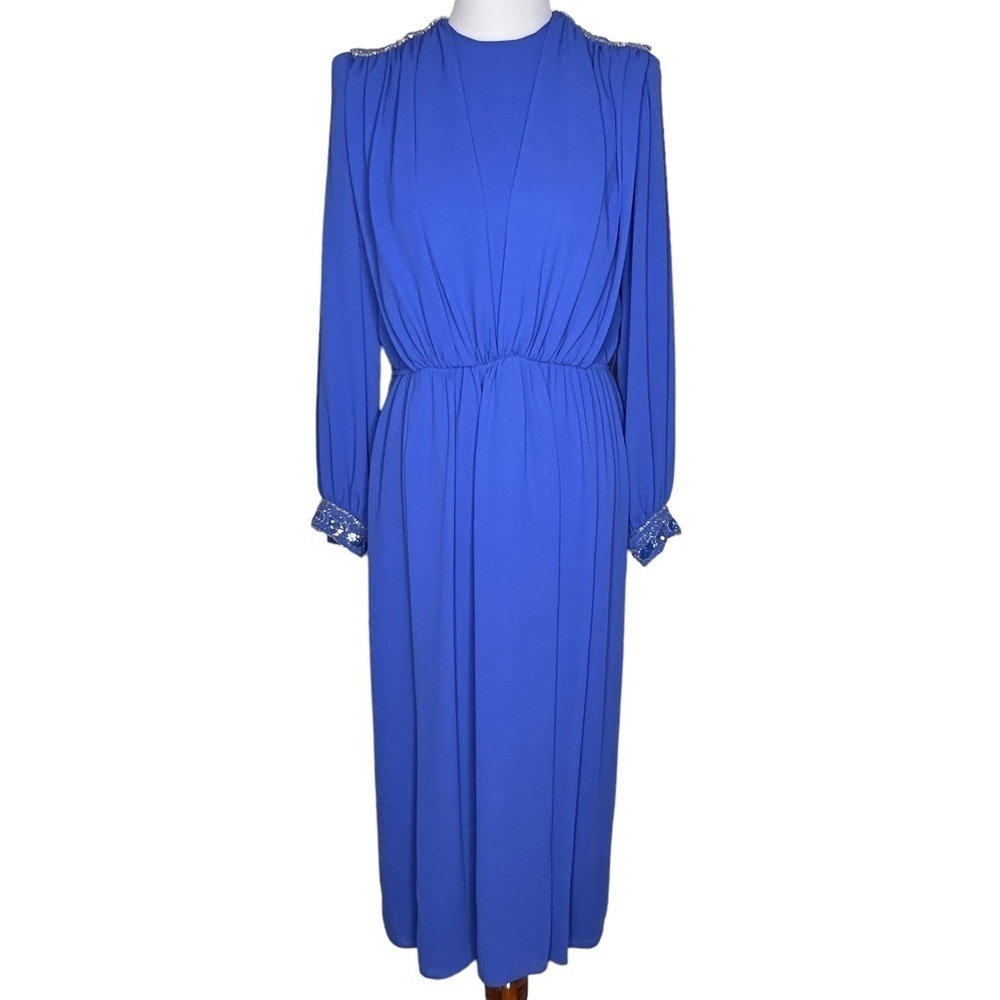 Vintage Jack Bryan Royal Blue Long Sleeve Chiffon Embellished Evening Gown Sz 10